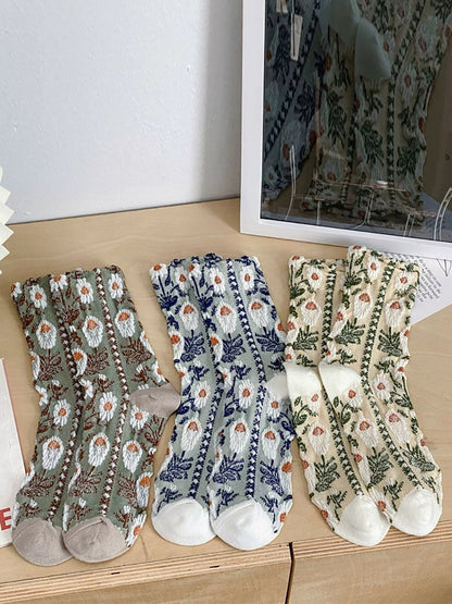 5雙女士秋季花朵壓花棉襪