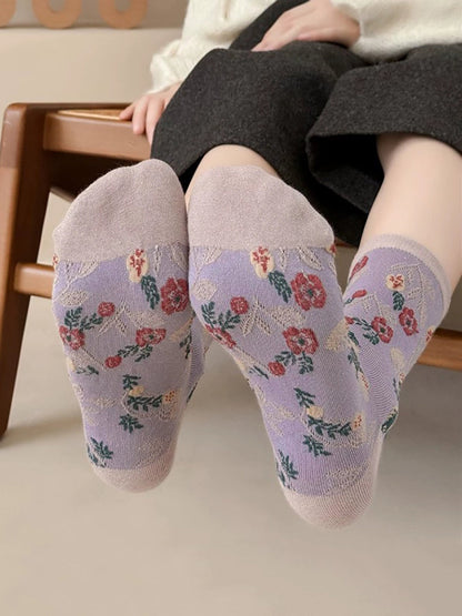 5雙女士藝術花朵提花棉襪