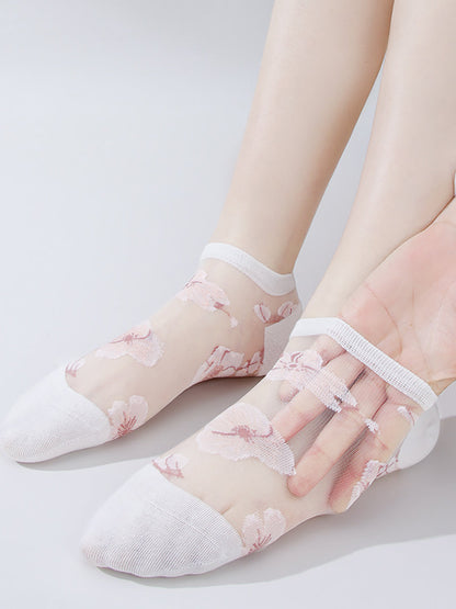 5雙裝女士夏季藝術花朵薄襪