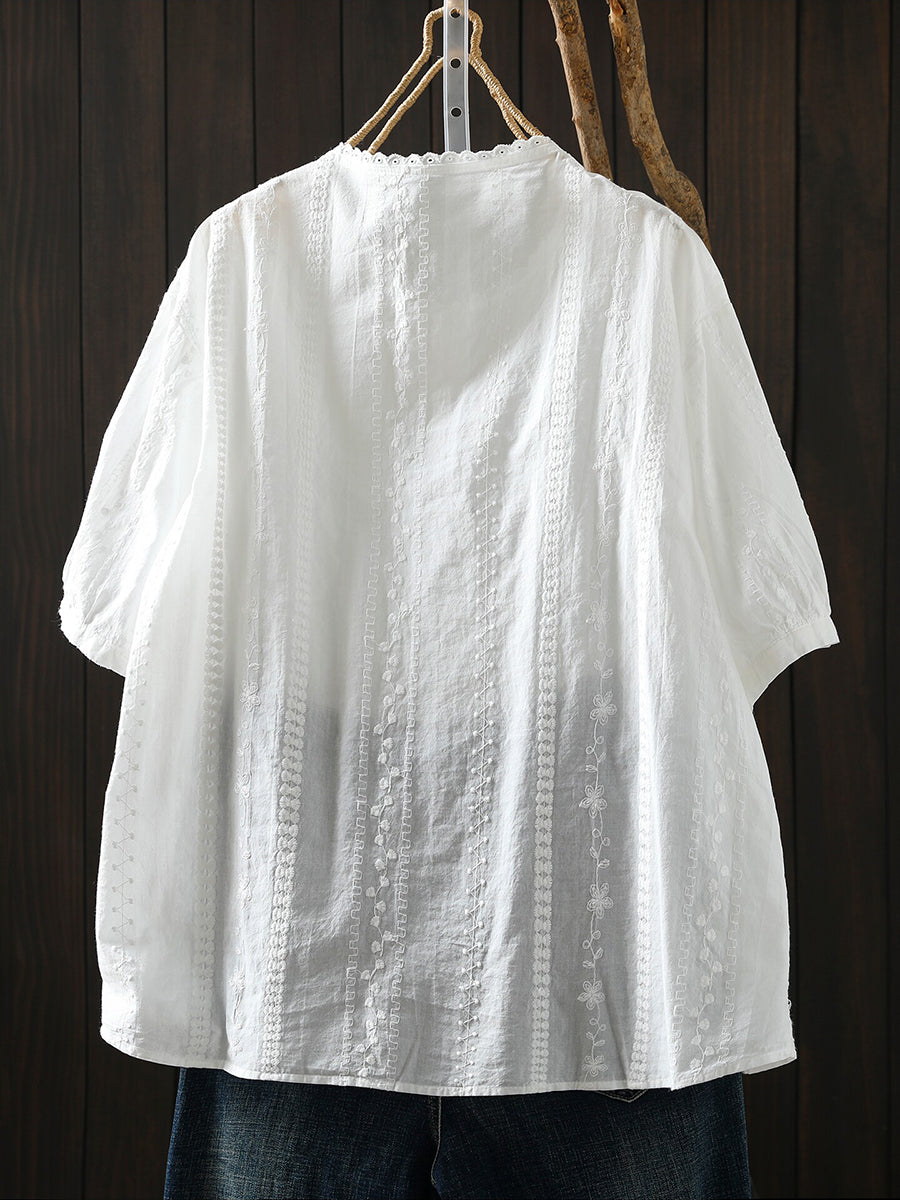 女士夏季藝術刺繡100%純棉襯衫