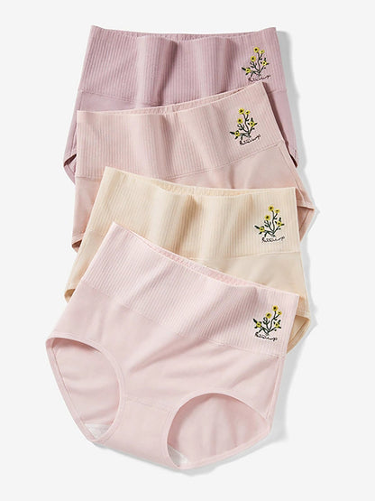 4件式女士藝術花卉刺繡高腰內褲