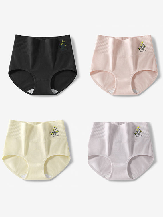 4件式女士藝術花卉刺繡高腰內褲