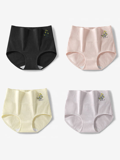 4件式女士藝術花卉刺繡高腰內褲