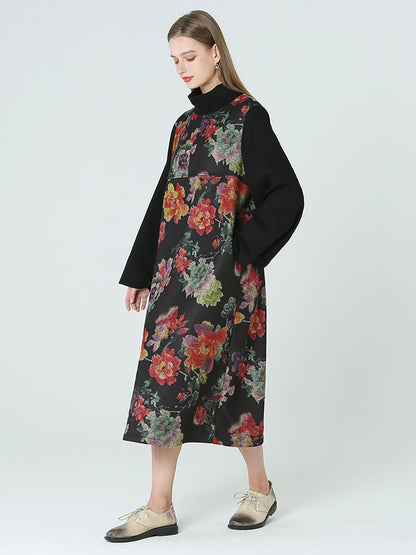 大尺碼花卉印花高領長袖春冬洋裝 M-2XL
