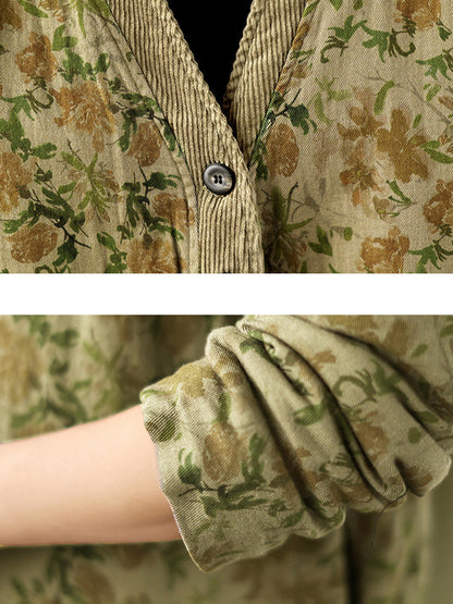 女士復古花卉拼接V領襯墊夾克