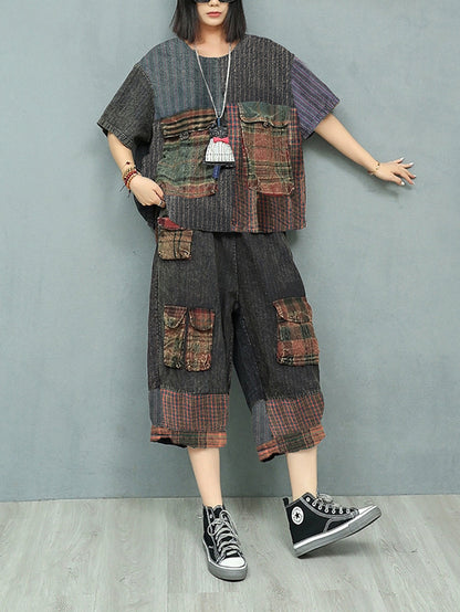 大尺碼女款夏季復古拼接寬鬆西裝
