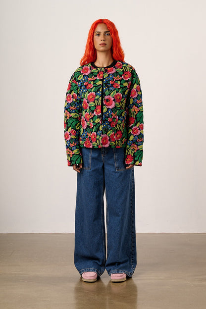 Cleo - Cotton Collarless Quilted Jacket in Black Marie Print