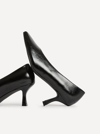 Delaney Black Faux Leather Square Toe Court Heels