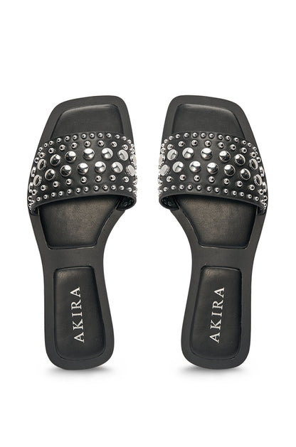 AKIRA DEVORA BLACK HARDWARE EMBELLISHED FLAT SLIP ON SANDAL