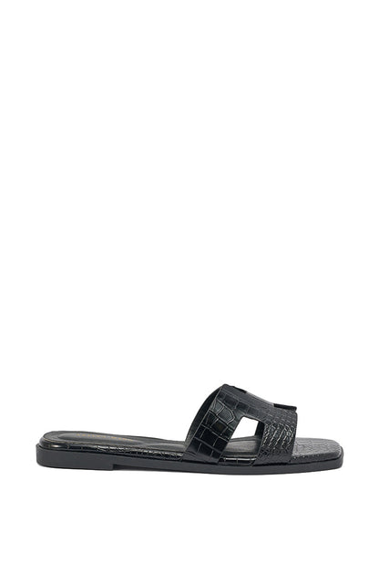 AKIRA HOWDY BLACK CROC SLIP ON FLAT SANDAL