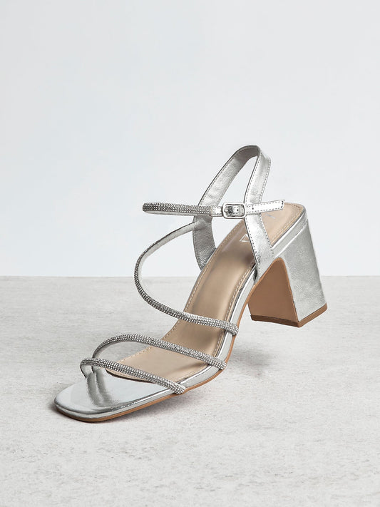 Kira Silver Diamante Block Heels