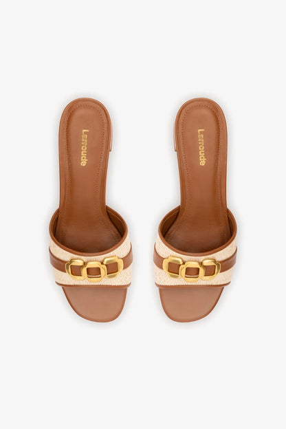 Franca Block Sandal In Natural Raffia And Caramel Leather