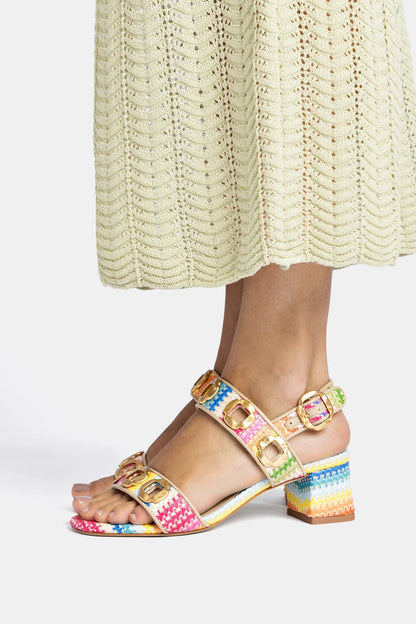 Milan Sandal In Rainbow Raffia and Beige Leather