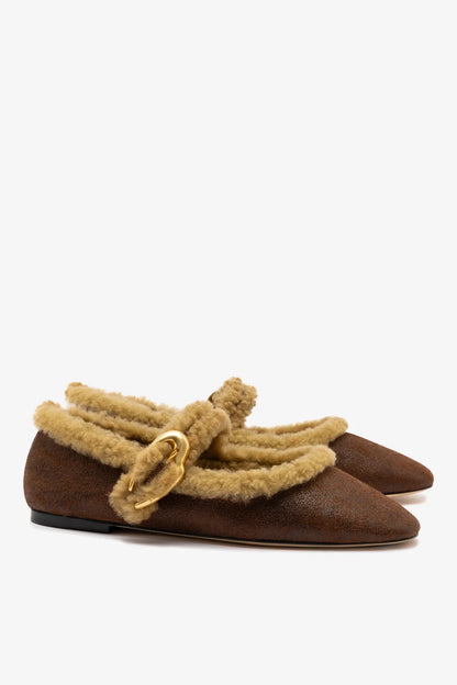 Verona Ballet Flat In Cocoa Leather And Natural Shearling