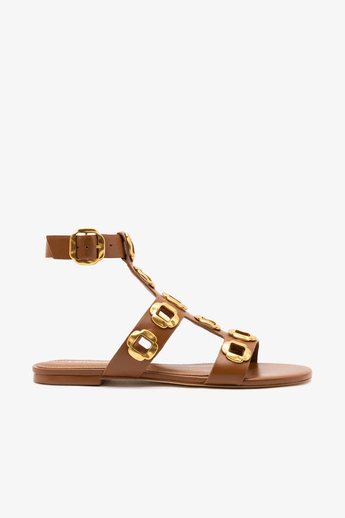 Milan Gladiator Flat In Caramel Leather