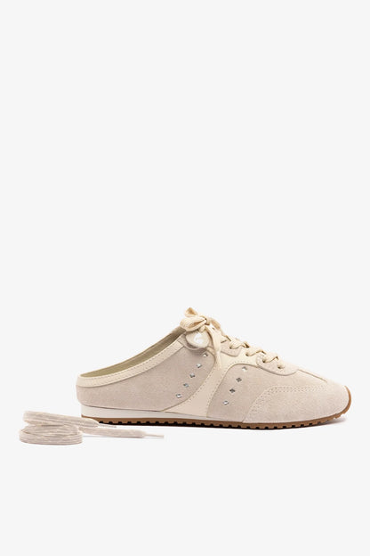 Stella Mule In Mushroom Grey Suede and Ivory Leather