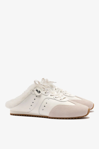 Stella Mule In Mushroom Grey Suede and White Shearling