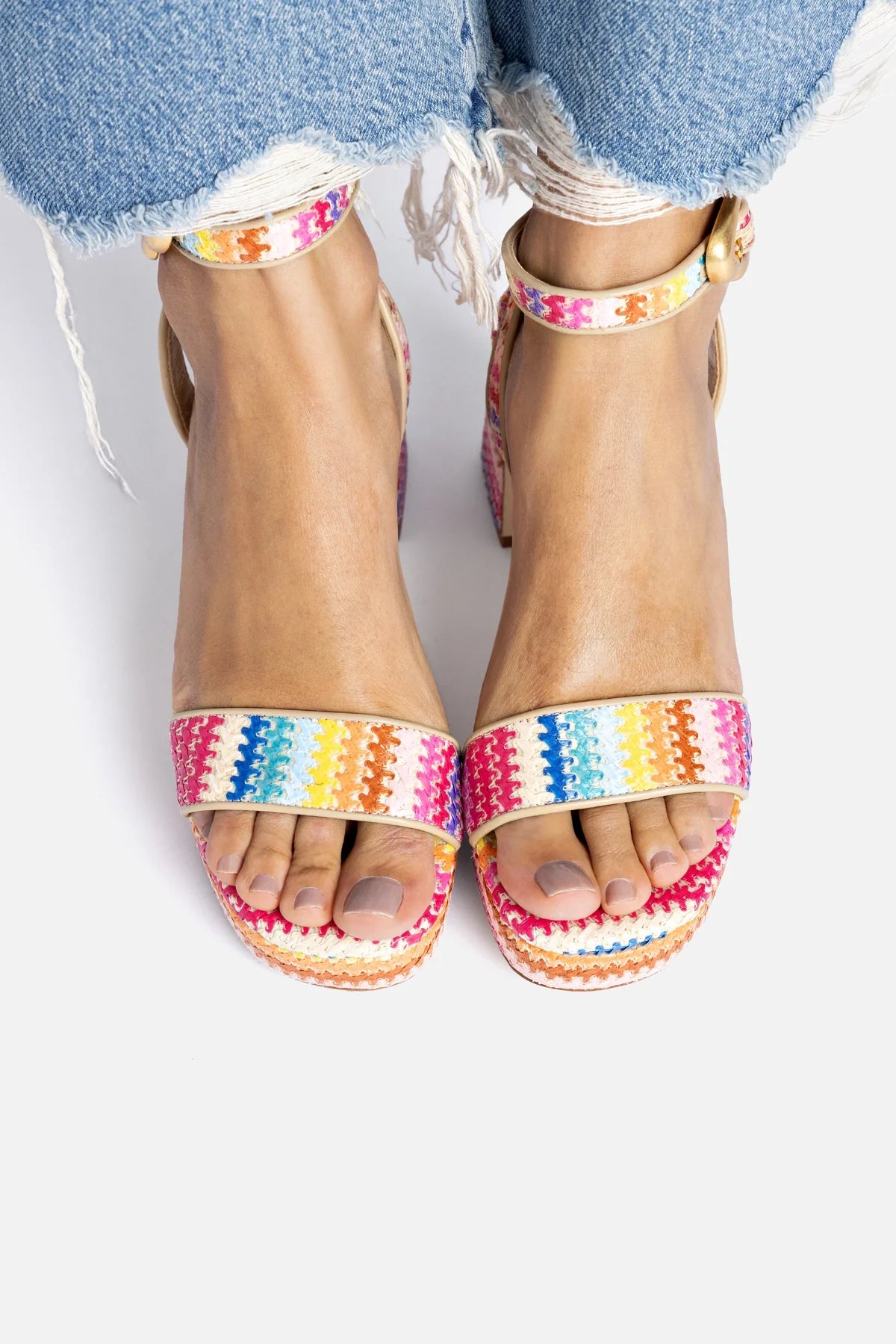 Dolly Verona Low Sandal In Rainbow Raffia and Beige Leather