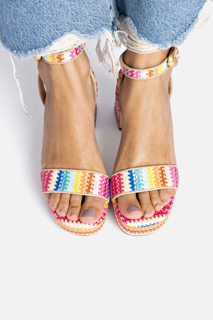 Dolly Verona Low Sandal In Rainbow Raffia and Beige Leather