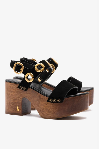 Miso Wooden Platform Sandal In Black Suede