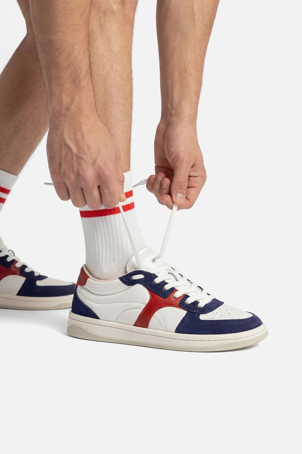 George Sneaker In White and Blood Red Leather and Navy Suede