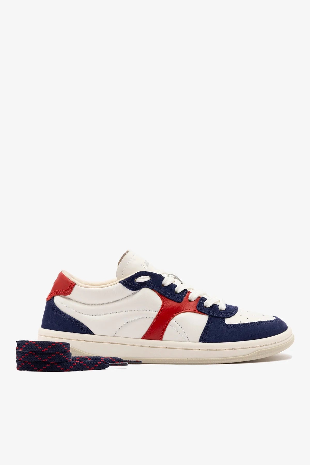George Sneaker In White and Blood Red Leather and Navy Suede