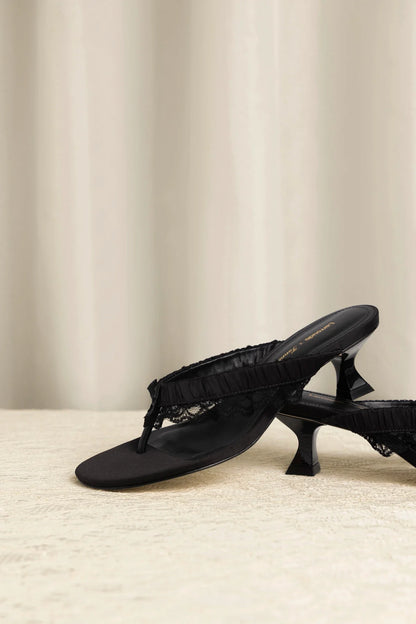 Larroudé x Tanner Fletcher: Gaia Low Lingerie Thong Sandal Black Satin