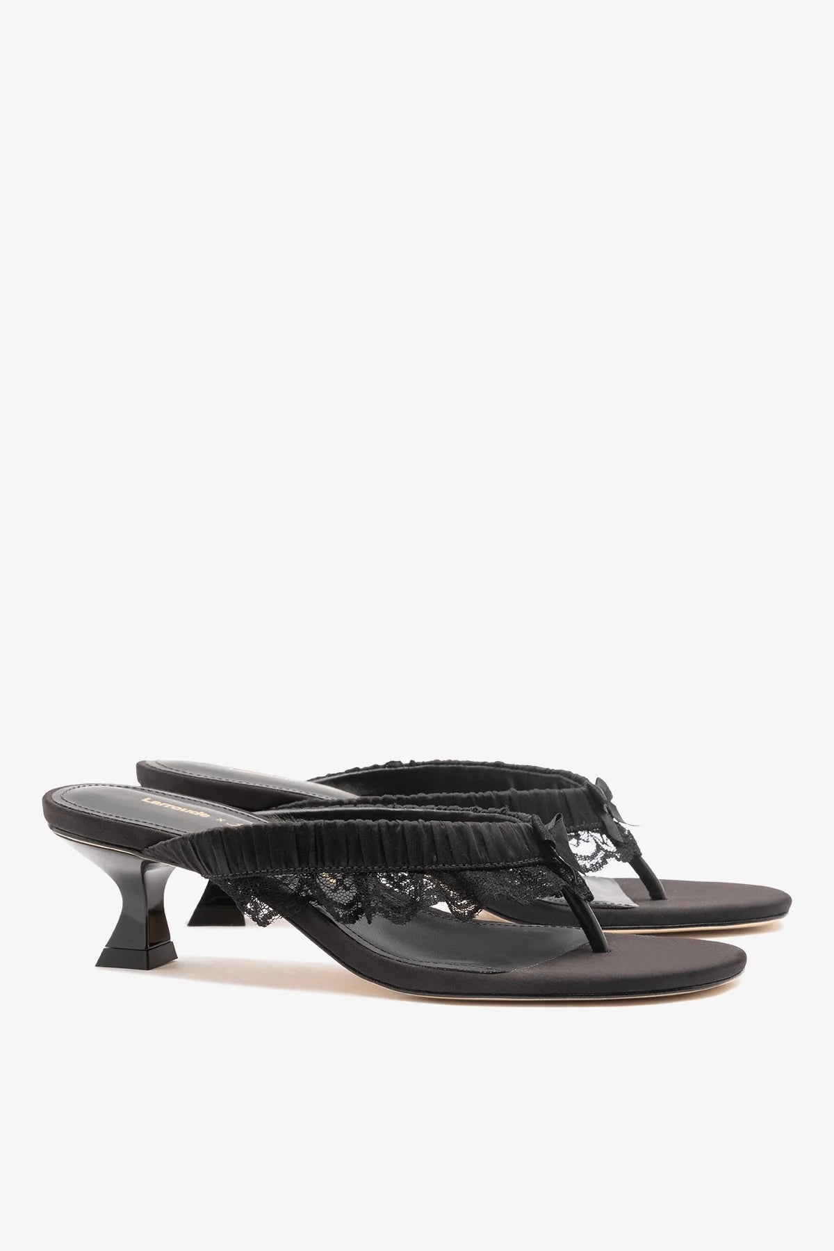 Larroudé x Tanner Fletcher: Gaia Low Lingerie Thong Sandal Black Satin