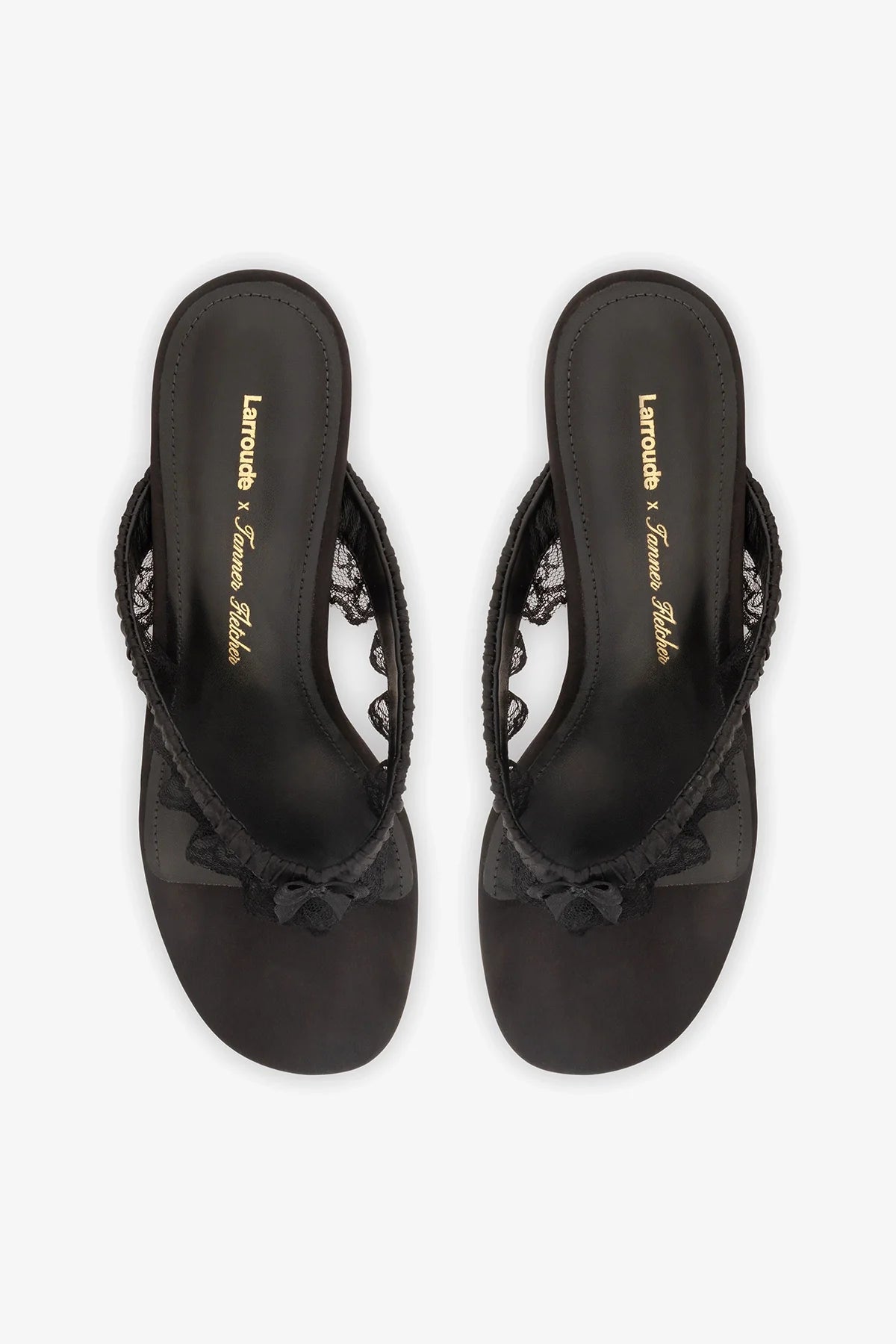 Larroudé x Tanner Fletcher: Gaia Low Lingerie Thong Sandal Black Satin