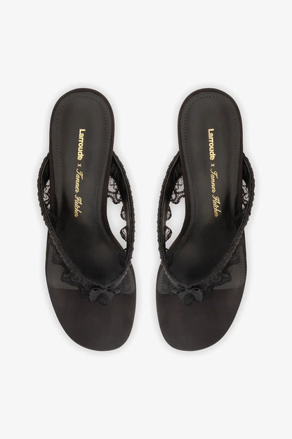 Larroudé x Tanner Fletcher: Gaia Low Lingerie Thong Sandal Black Satin