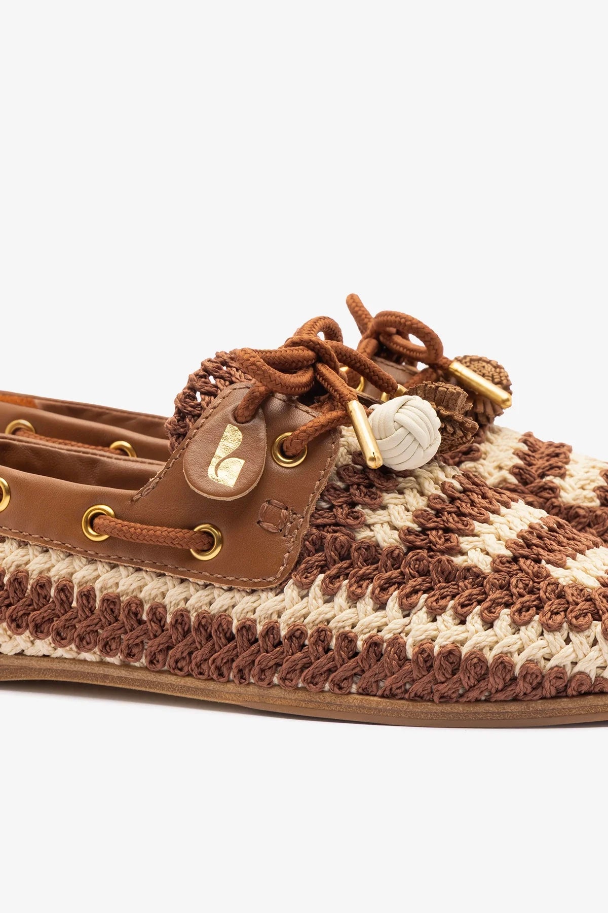 Cyprus Crochet Boat Shoe In Caramel and Ivory Crochet and Caramel Leather