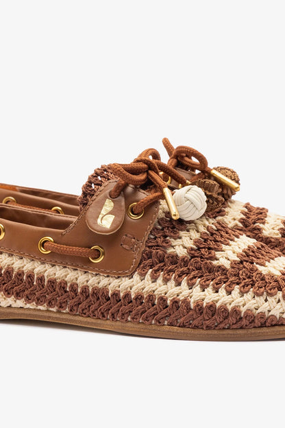 Cyprus Crochet Boat Shoe In Caramel and Ivory Crochet and Caramel Leather
