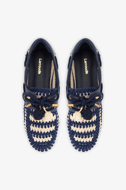 Cyprus Crochet Boat Shoe In Navy and Ivory Crochet and Navy Leather