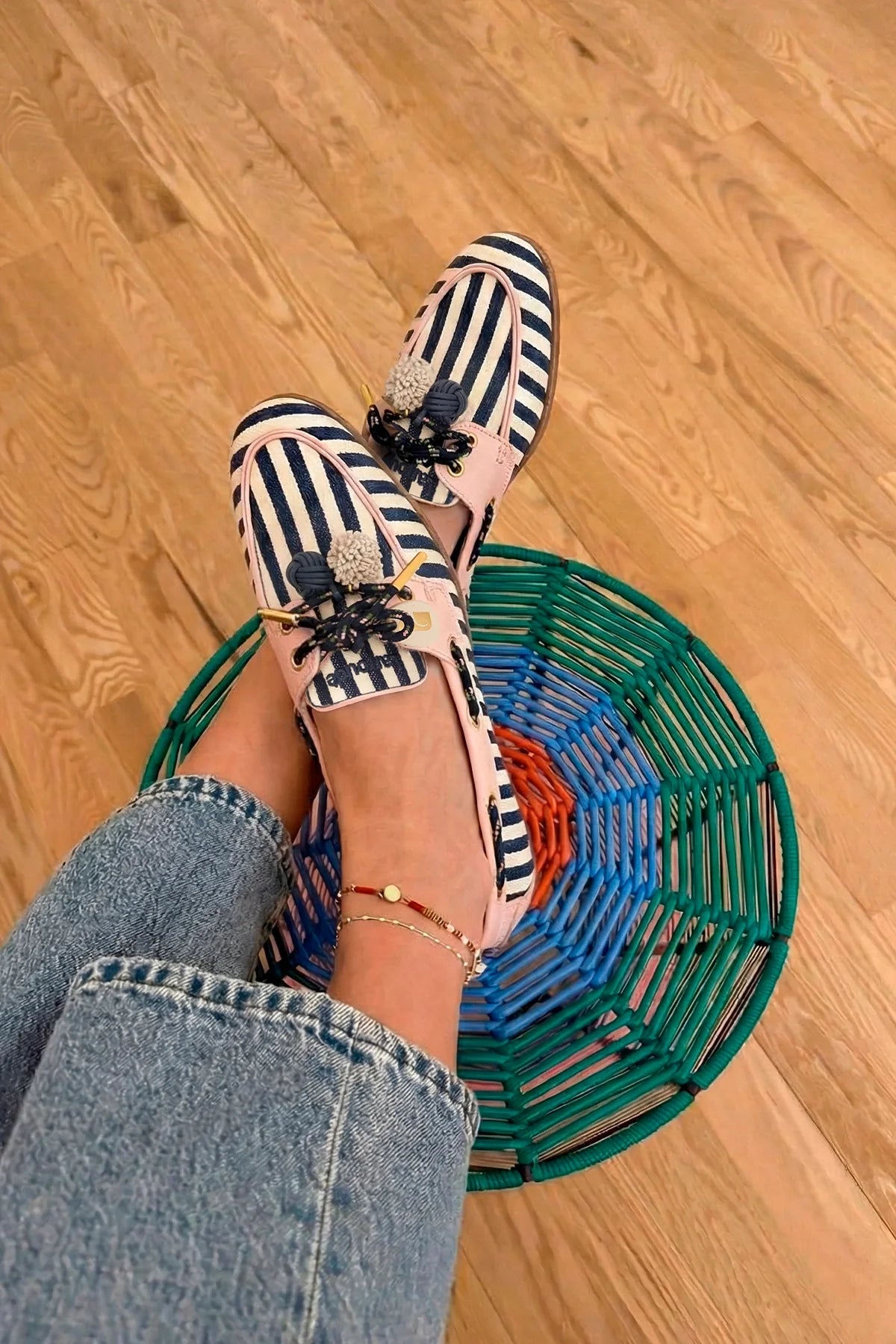 Cyprus Boat Shoe Navy Striped and Pink Leather