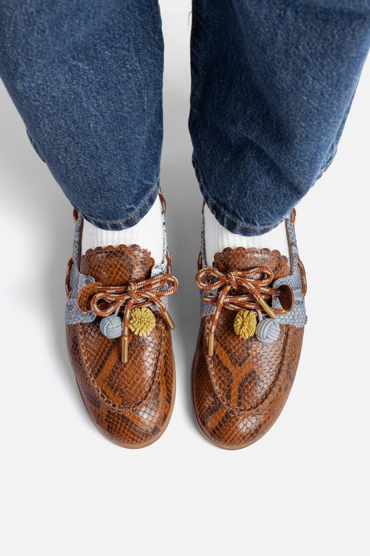 Cyprus Boat Shoe In Oud, Maya and Lemonade Python Embossed Leather