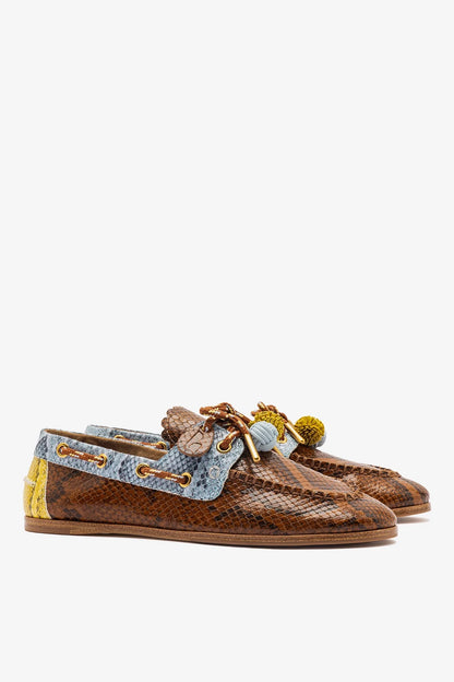 Cyprus Boat Shoe In Oud, Maya and Lemonade Python Embossed Leather