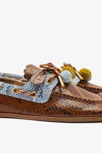 Cyprus Boat Shoe In Oud, Maya and Lemonade Python Embossed Leather