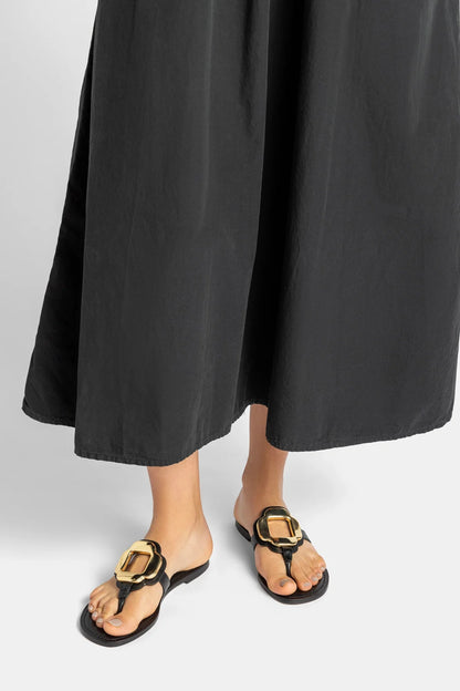 Margherita Thong Sandal in Black Leather and Gold Hardware