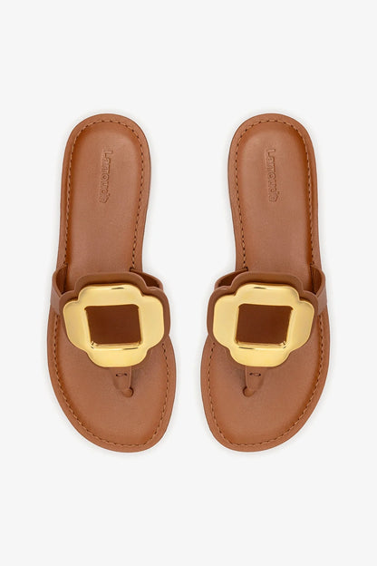 Margherita Thong Sandal in Caramel Leather and Gold Hardware