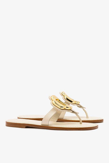 Margherita Thong Sandal in Ivory Leather and Gold Hardware