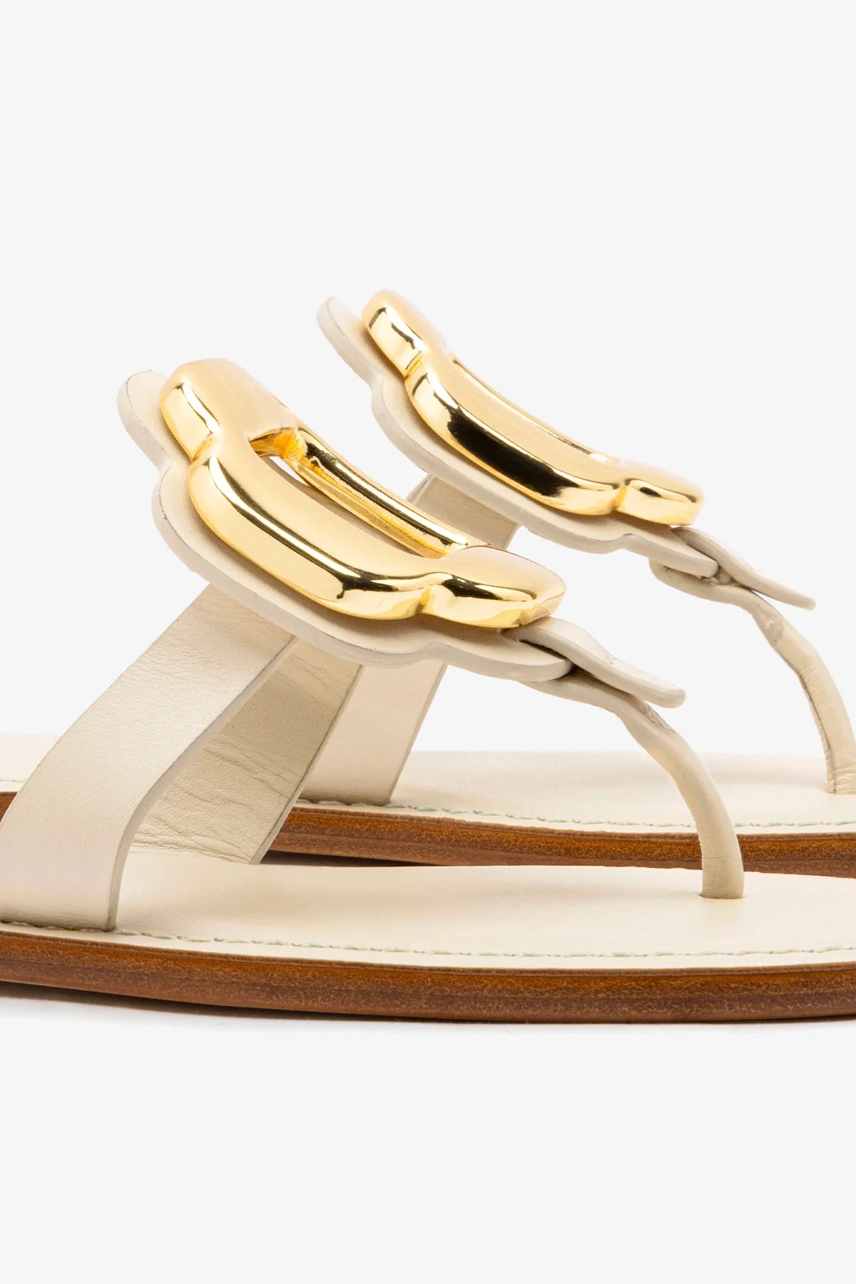 Margherita Thong Sandal in Ivory Leather and Gold Hardware