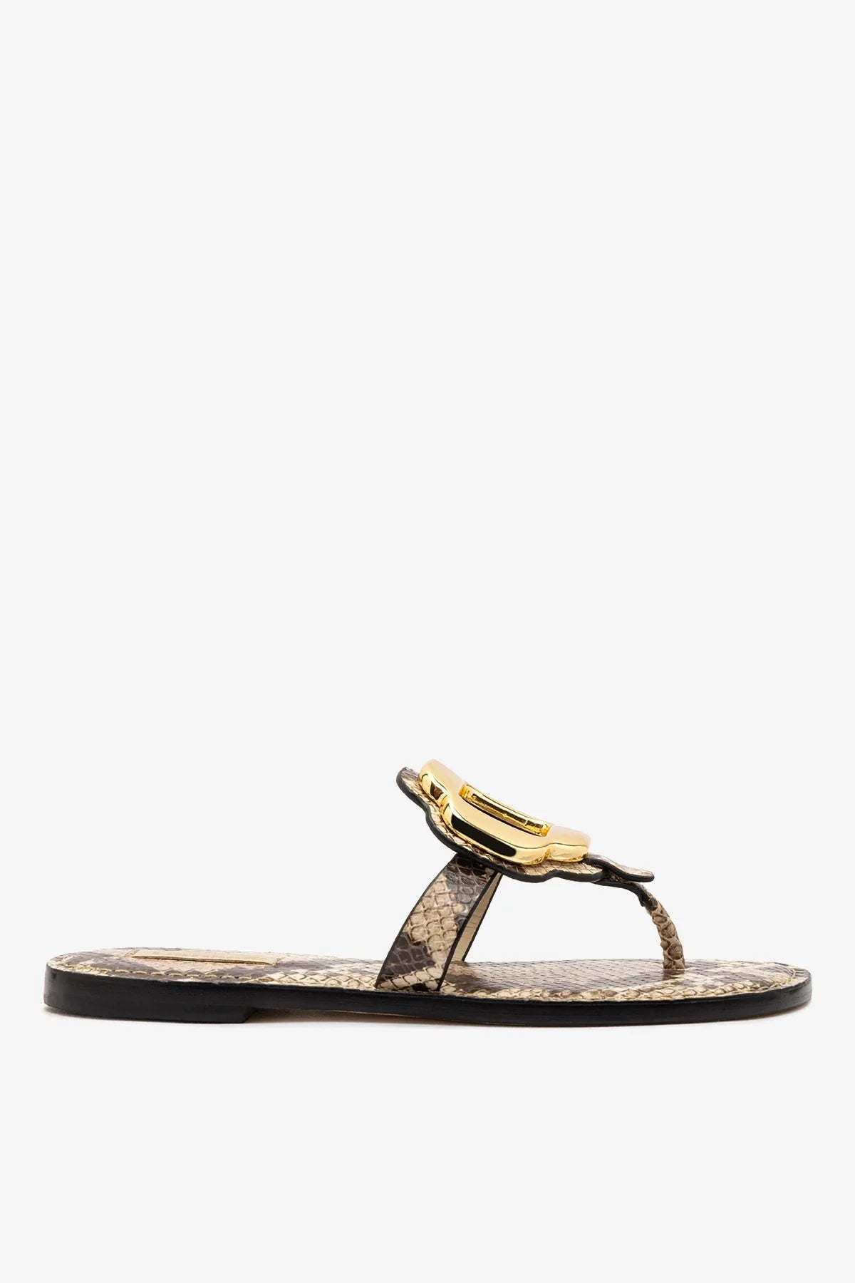 Margherita Thong Sandal in Neutral Snake Leather and Gold Hardware