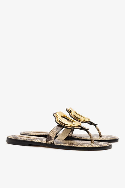 Margherita Thong Sandal in Neutral Snake Leather and Gold Hardware