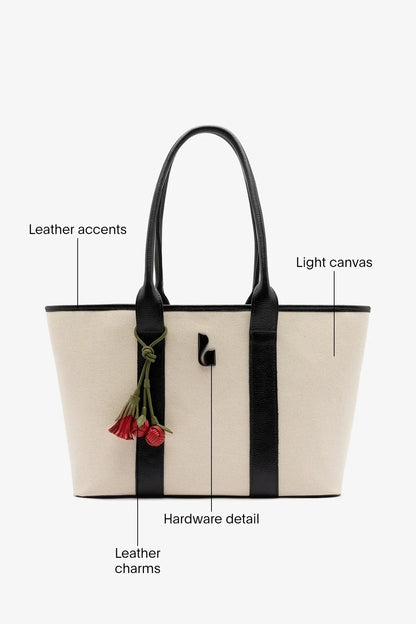 City Tote Bag Natural Canvas and Black Leather