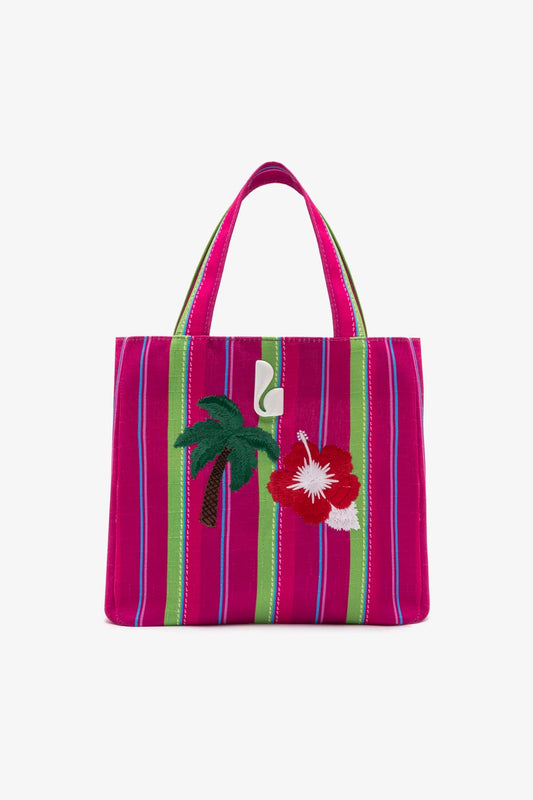 Poppy Mini Tote Bag In Pink And Emerald Raffia