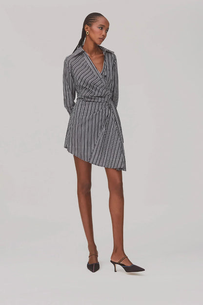 Sashi Wrap Dress In Black and White Striped Cotton