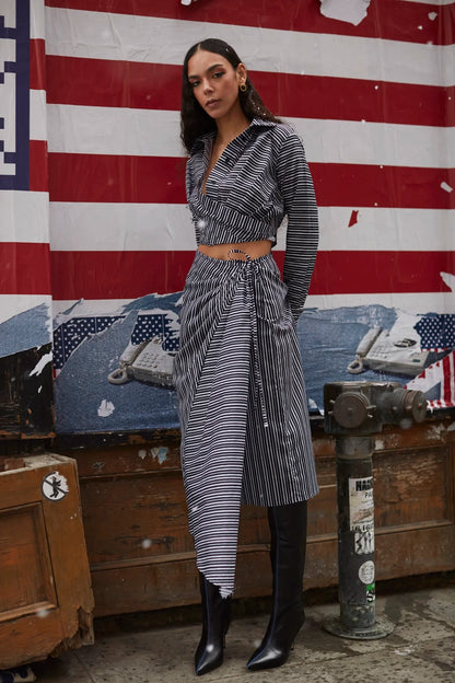 Ayesha Pleated Wrap Skirt In Black and White Striped Cotton