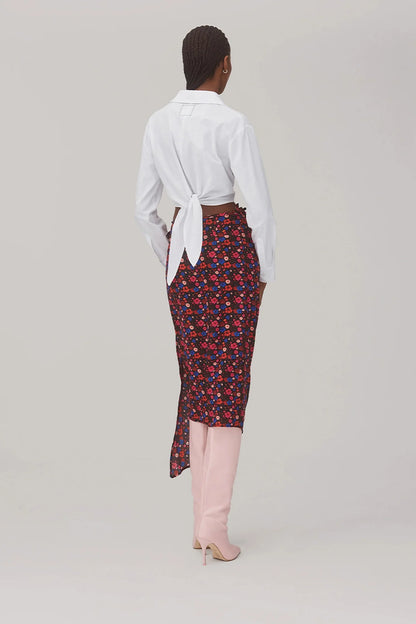 Ayesha Pleated Wrap Skirt In Black Floral Silk