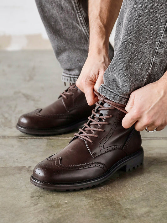 Leonardo Mens Brown Faux Leather Brogue Boots
