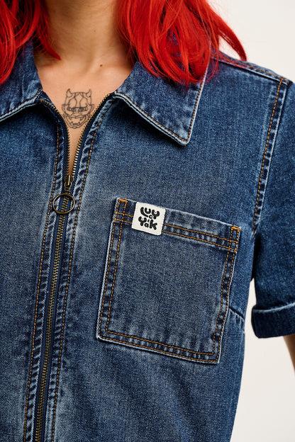 Riley - Denim Playsuit in Mid Wash Blue